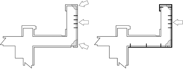 従来工法（左）は劣化部のみ補修に対しカーボピンネット工法では面全体で補強